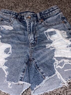 American Eagle Denim Shorts Size 0 Distressed Raw Hem Cutoff Crossover Button